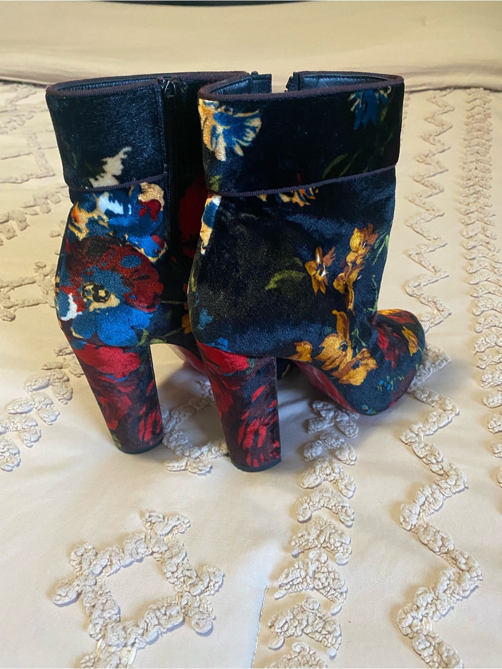 Christian Louboutin Floral Velvet Block Heel Ankle Boots - Black Multi - Picture 2 of 7